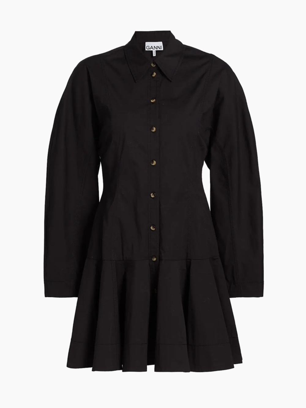 Ganni Black Button-Front Collared Fit-and-Flare Dress